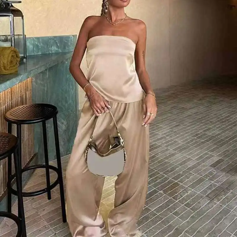 المرأة عارضة الصلبة اللون فضفاض الزي مثير حمالة أعلى + السراويل الطويلة دعوى الأزياء الجوف خارج قبالة الكتف الساتان قطعتين مجموعة #5