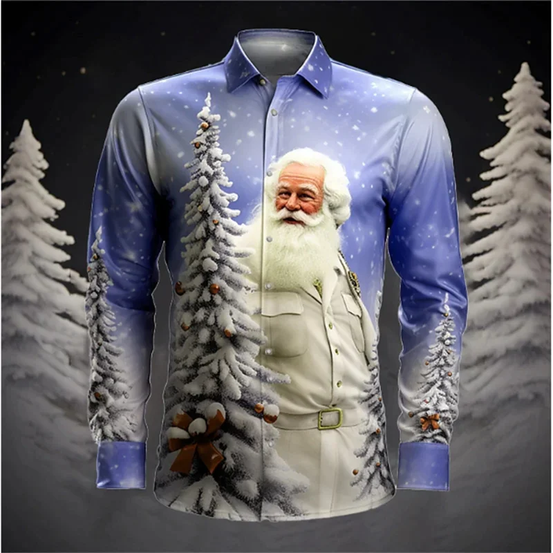 2024 New Year\'s Gift Santa Claus Casual Men\'s Shirt Autumn and Winter Long Sleeve Light Blue XS-6XL Stretch Fabric Shirt