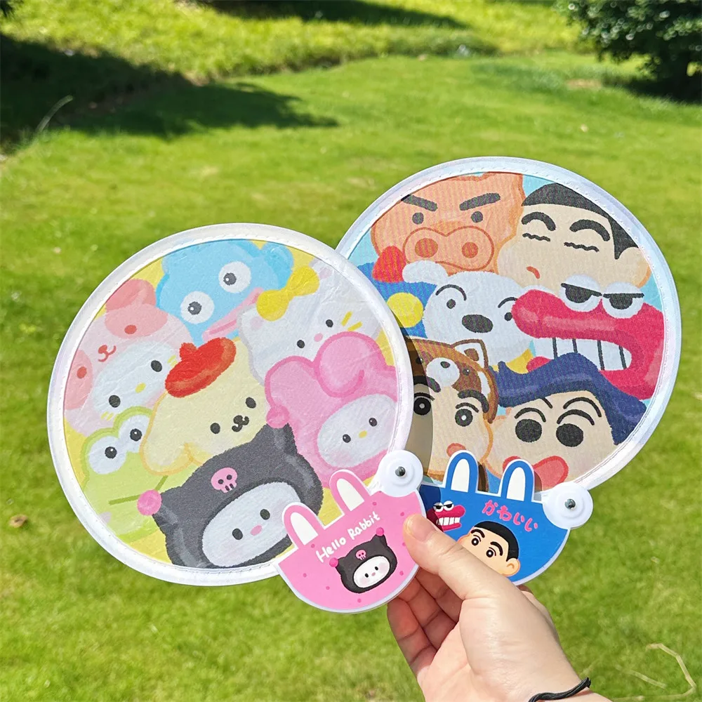 Summer Sanrios Folding Group Fan Kawaii Kuromi Hello Kitty My Melody Hangyodo Portable Fabric Pocket Fans with Storage Bag