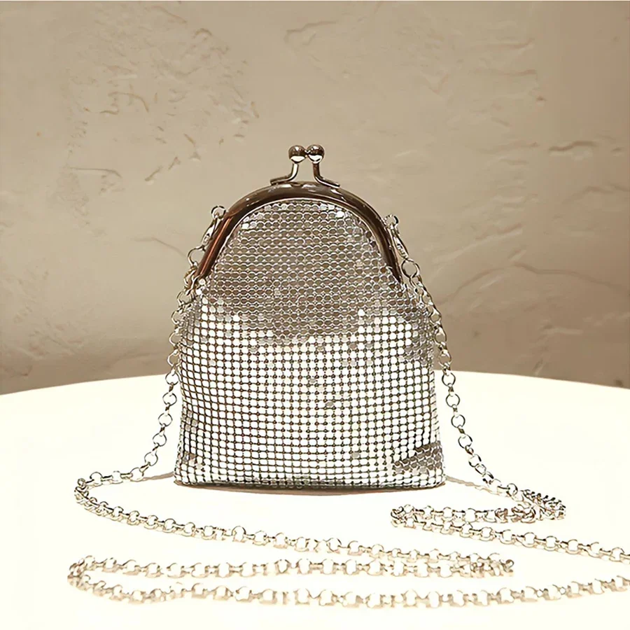 

Chains Women Shoulder Bag Retro Kiss Lock Crossbody Bags For Female Metallic Sequin Shell Bag Clip Wallet Small Purse Handbags