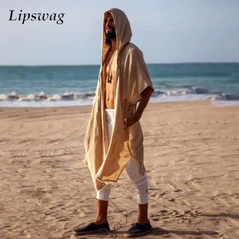 

Vacation Beach Casual Mens Breathable Long Cloaks Summer Bohemian Vintage Hooded Smock Robe Men Leisure Solid Color Cardigan Top