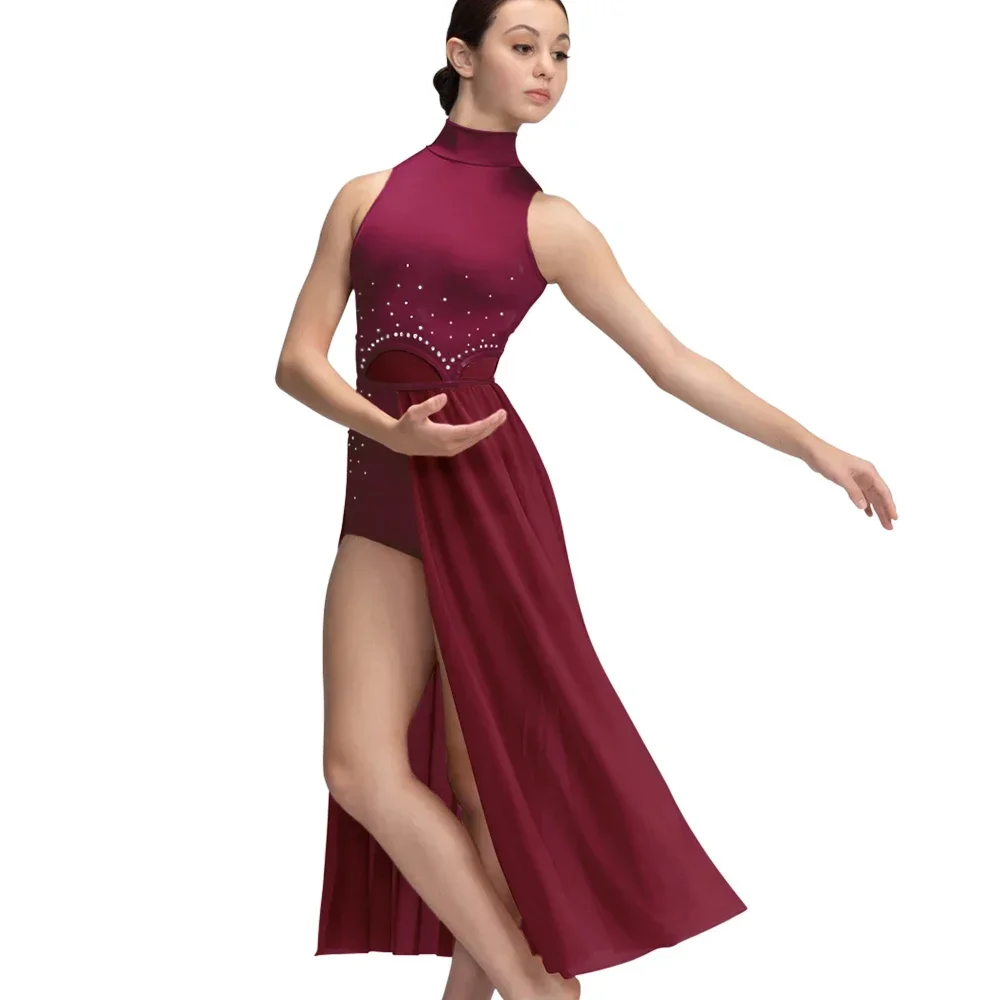Women Rhinestone Ballet Competition Dress Elegant Lyrical Leotard Half Skirt Dance Competition Stage Costume Girls Kids Sparkly image 3