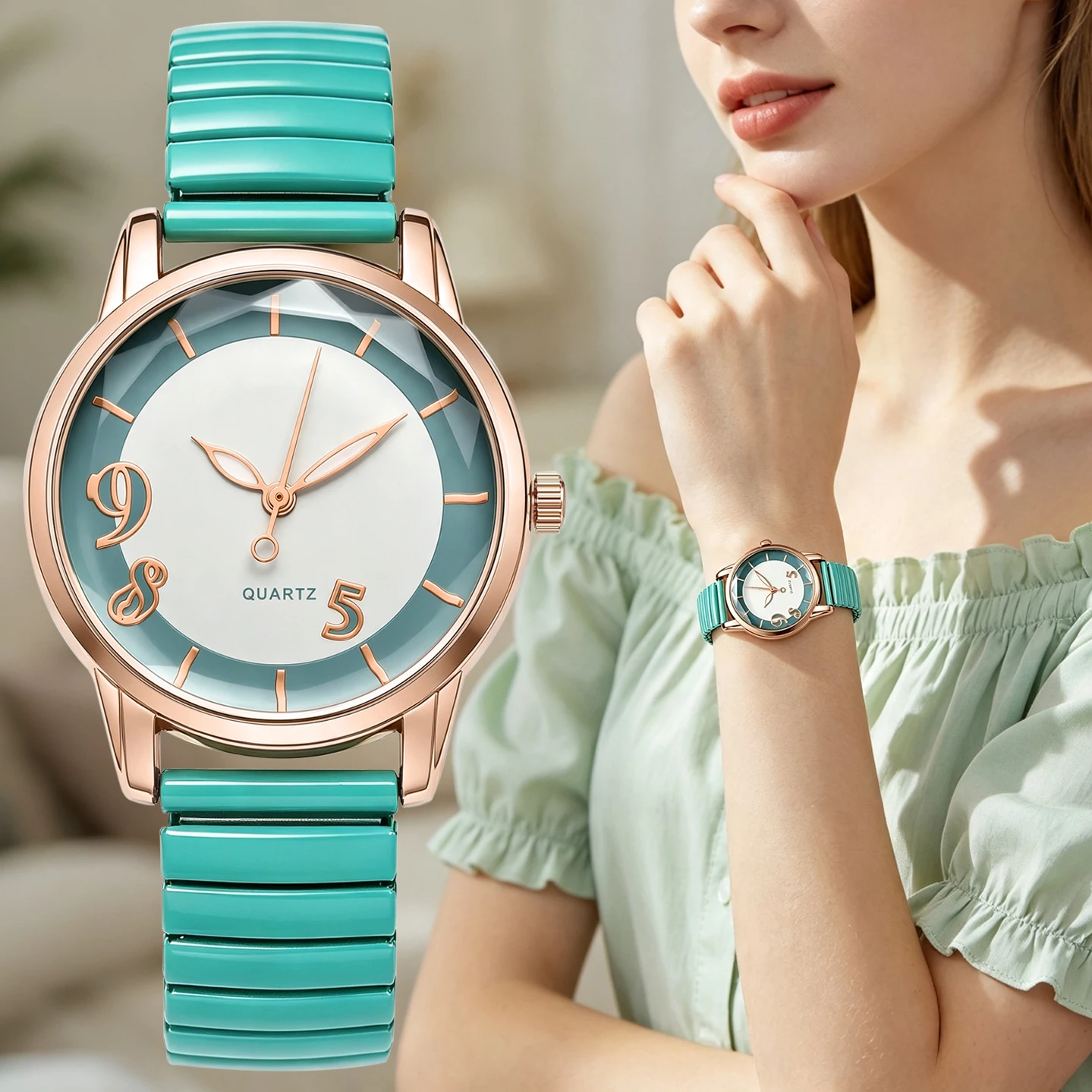 Women Elegant Round Quartz Watch Rose Gold Case Special Numerals Stretch Strap Ladies Casual Watches