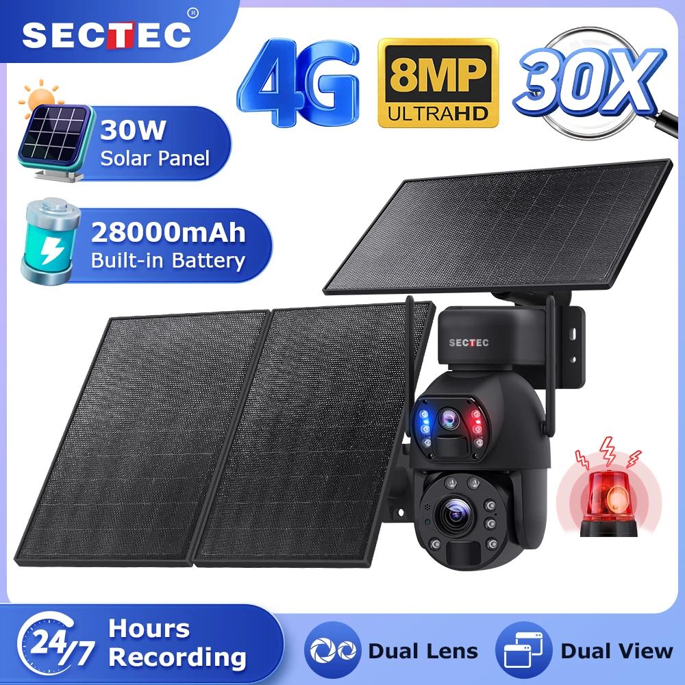 SECTEC New Arrival 24/7 8MP AOV Dual Lens Dual View 20X Zoom 4G Battery Security Solar 30W CCTV Camera Speed Dome PTZ Camera