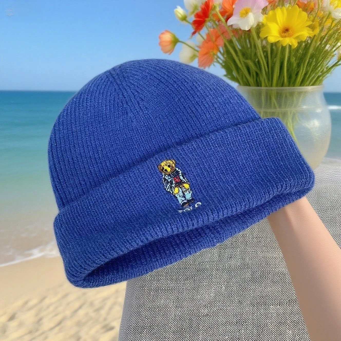 유니섹스 패셔너블 자수 곰 비니 모자 단색 니트 캡 캐주얼 스타일 트렌디 신상품