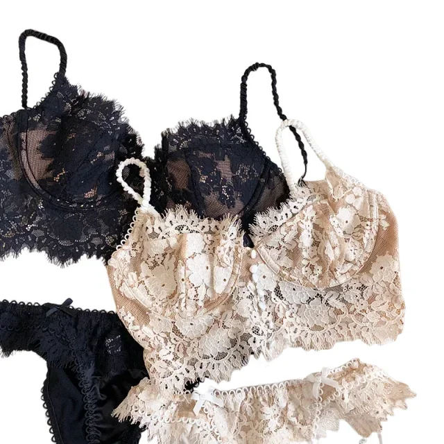 

2 Styles,Ultra-thin +Thin Cotton,French Transparent Lace Back Steel Ring Push Up Women Sexy Lingerie Suits Long Button BraKUCLUT