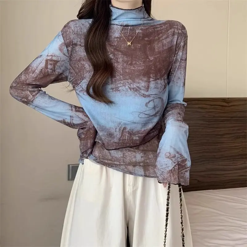 Women Y2K Long Sleeve Tshirt Tie Dye Printed Mesh Sunscreen Slim Fit Slimming Top Autumn Fashion