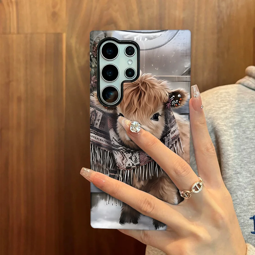 Funda de teléfono Snow Cute Highland Cow para Samsung GalaxyS25 S24 S22 S21FE Ultra Plus A16 A26 A36 A56 4G 5GDdoble capa anticaída