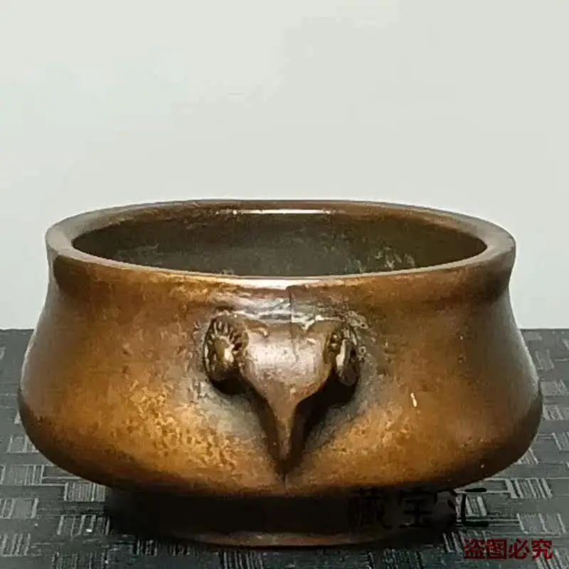 Antique Chinese Xuande Mark Double Sheep Ear Incense Burner Purple Copper Patina Ornament Old Item