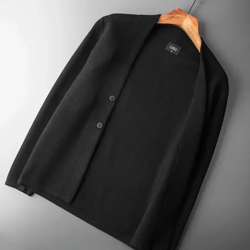 Man Clothes Solid Color Business Black Knitted Sweaters for Men Cardigan Plain Over Fit Knit Long Sleeve 100% Knitwears Mode Old
