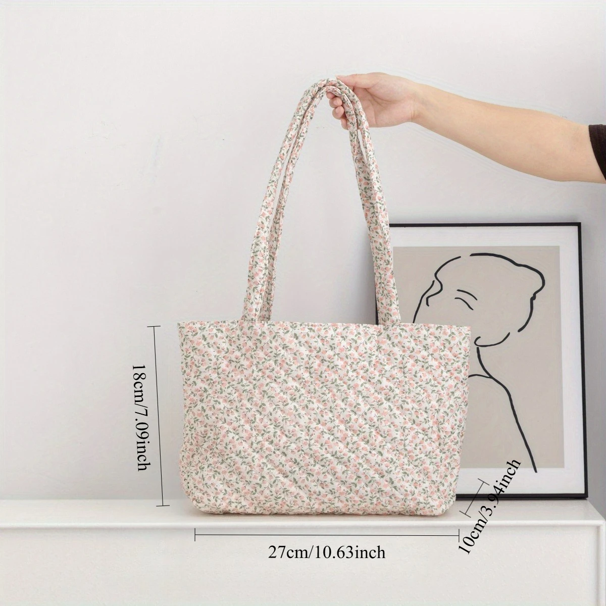 Custom Embroidery Quilted Tote Bag Women Floral Print Shoulder Bag Cotton Handbag Personalized Name Gift Daily Shopping Bag