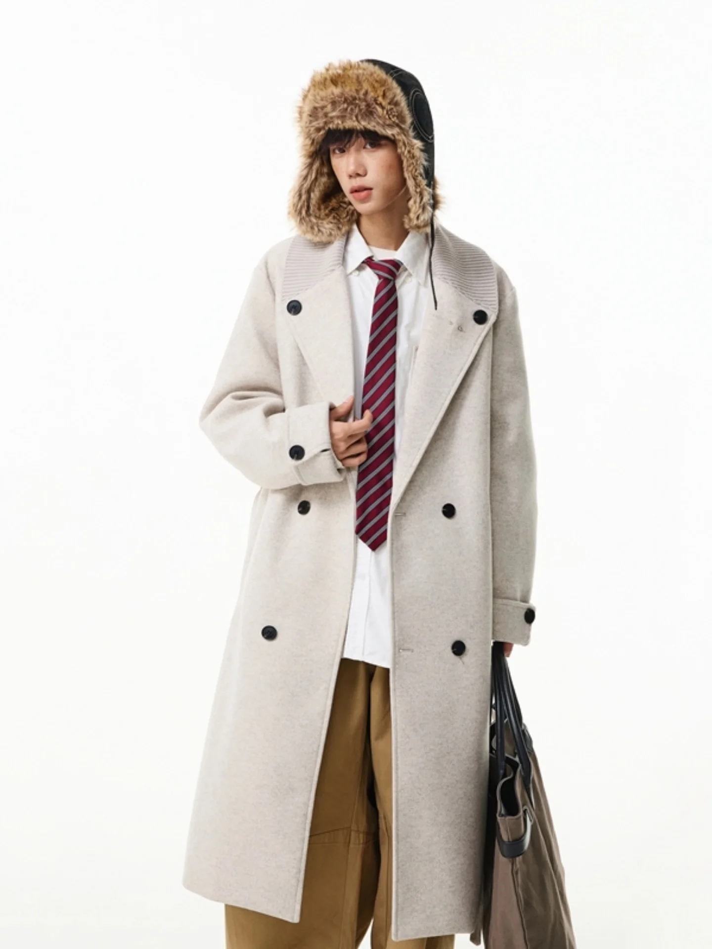 

High-End Men's Long Overcoat Double-Breasted Woolen Coat Briti Sle Autumn Winter Warm Faionable Lapel Coat Youthful Vit...