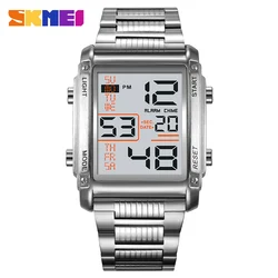 SKMEI-reloj deportivo Digital para hombre, cronómetro con pantalla de luz trasera de acero inoxidable, de lujo, resistente al agua, con alarma de Fecha