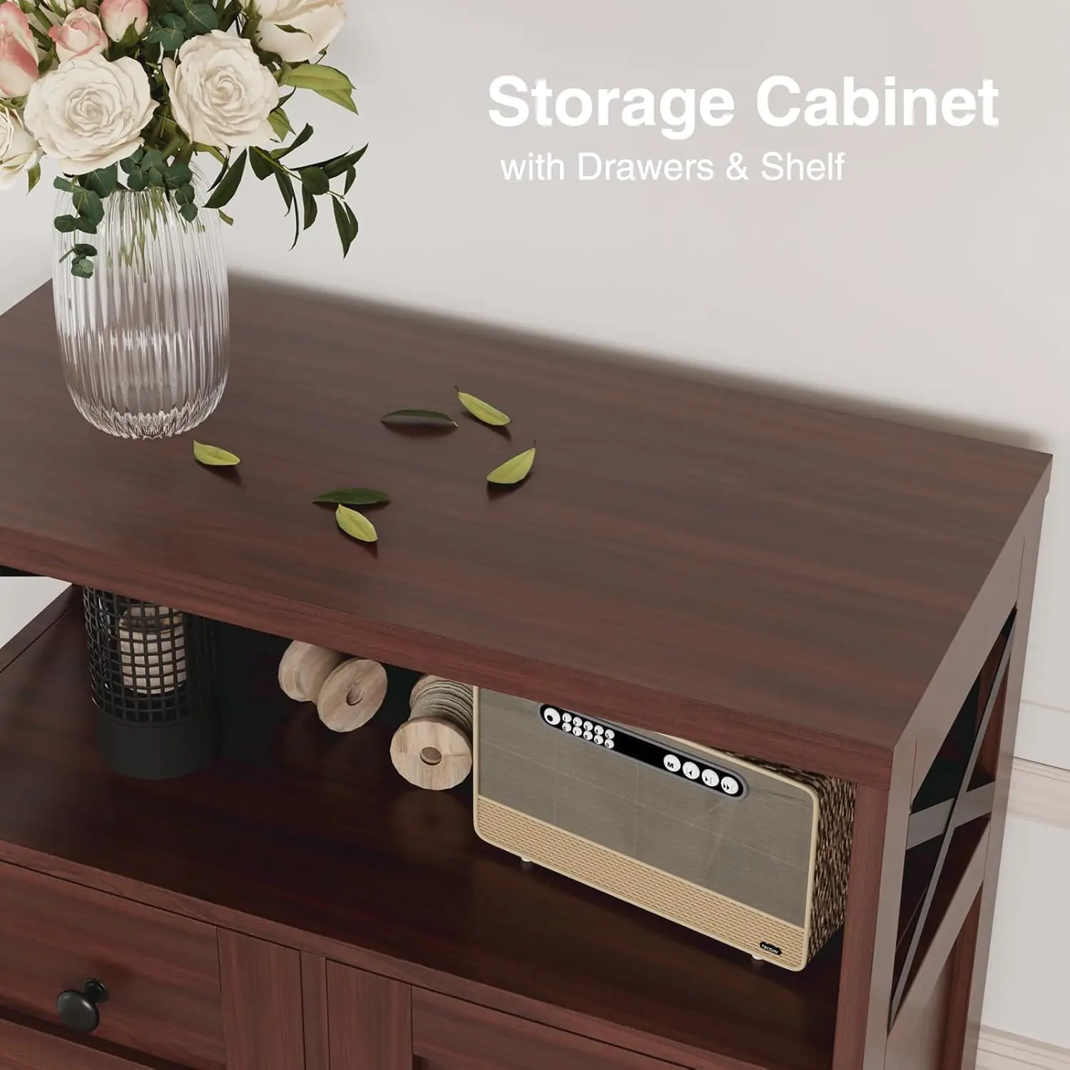 서랍과 선반이 있는 진한 갈색 보관 캐비닛, 스탠딩 주방 식료품 저장실 캐비닛, 바닥 보관 캐비닛 허치 찬장,