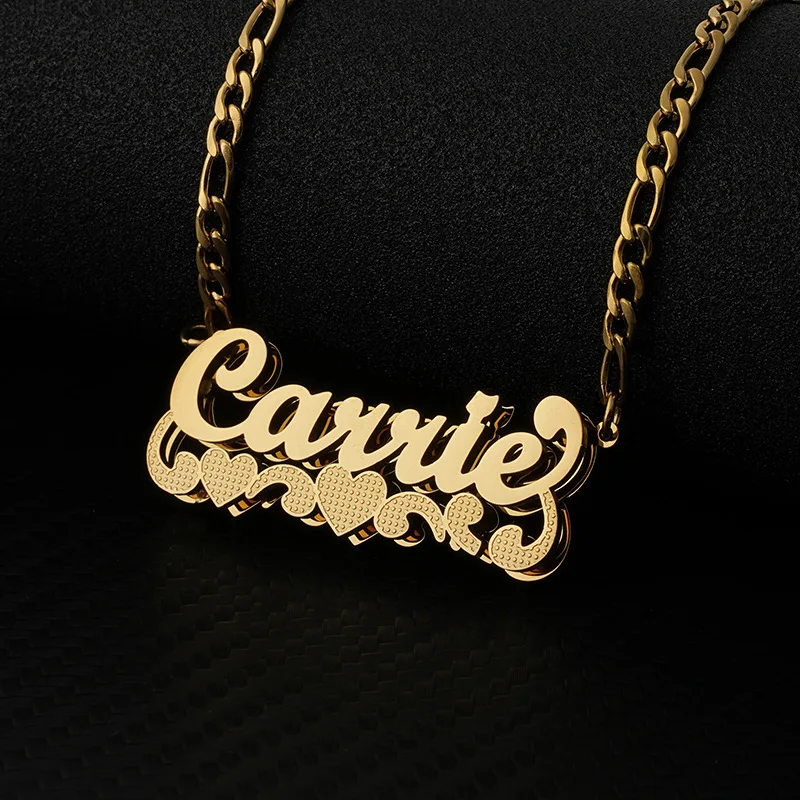 Lateefah Customized Stainless Steel 18K PVD Plated Double Corroded Heart Wave 3D Nameplate Color Matching Necklace