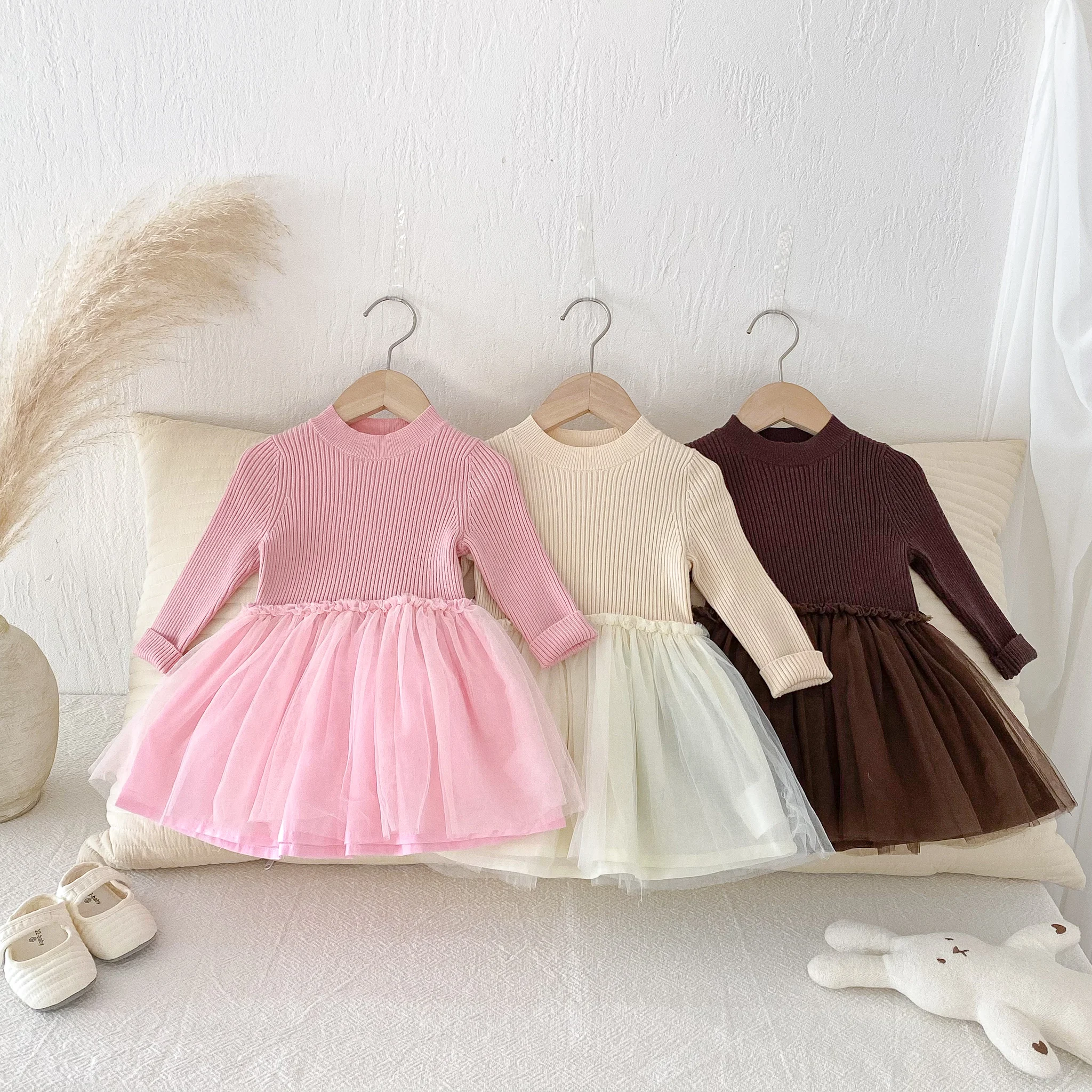 Autumn and Winter Girls' Semi-High Neck Woolen Mesh Fabric Patchwork Dress, Solid Color Puffy Dress, Princess Dress