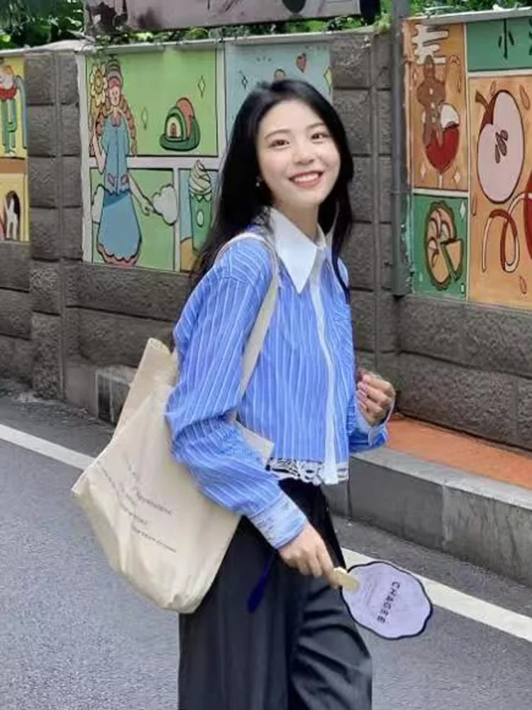 

Ele Gentle Lace Trim ort Stripe irt Women's Premium Faion Top Commute Sle Loose Fit Long Sve Button down