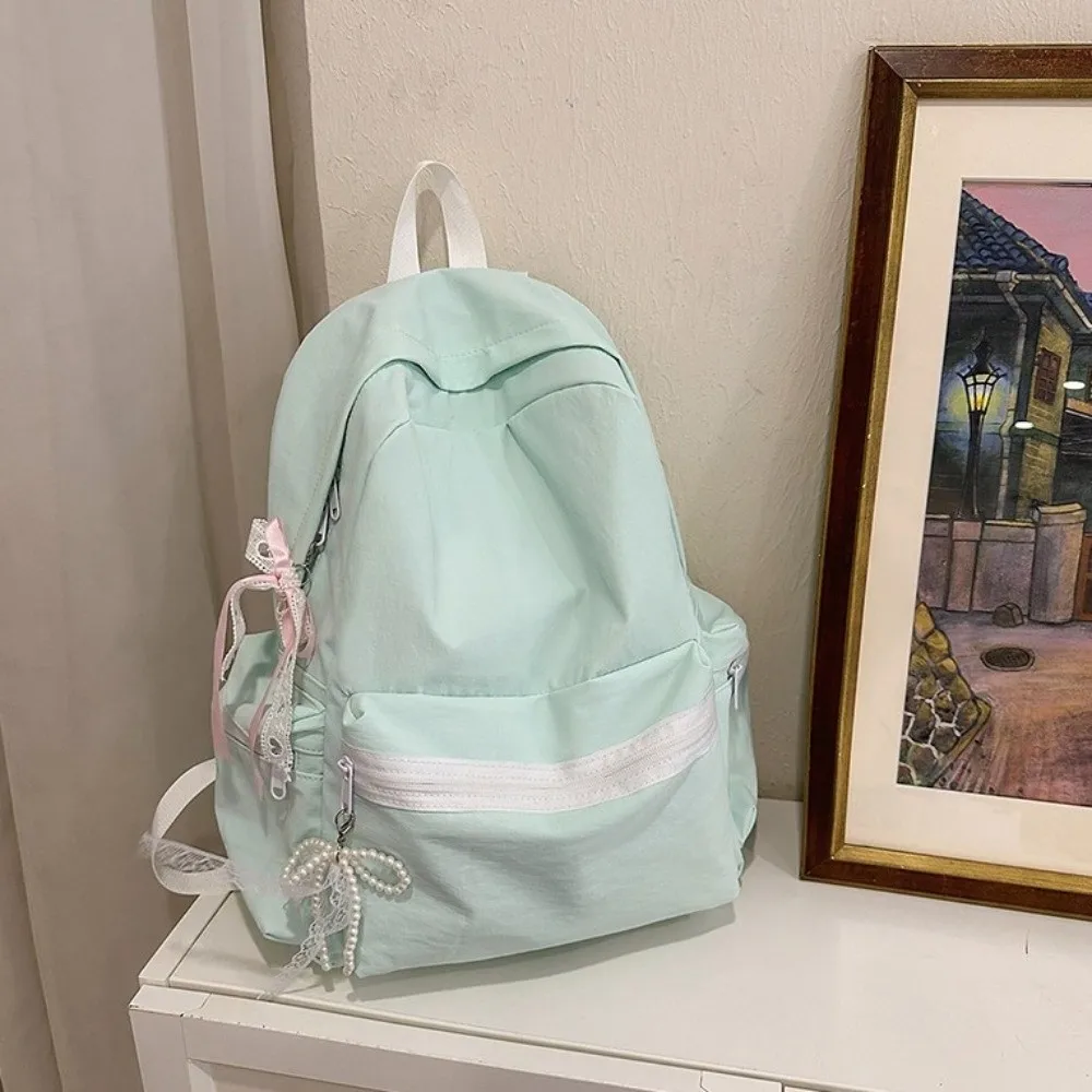 Nylon Material Nylon Shoulder Bag Solid Color 14-Inch Laptop Compatible Lace Bow School Bag Lace Bow Detail Casual Style