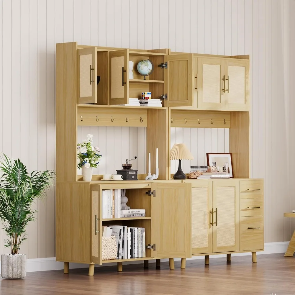 Armário de despensa de vime, despensa de cozinha de 71 pol. com suporte para micro-ondas, gaiola independente com gavetas, portas e ganchos, Boho