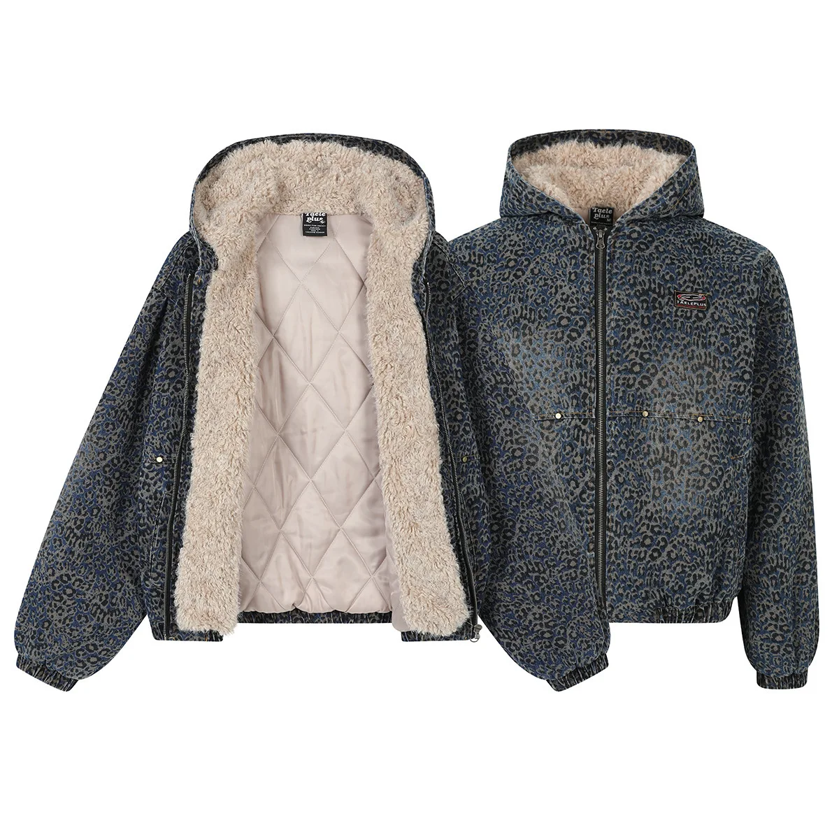 

Новинка 2025, мужское джинсовое синее потертое хлопковое пальто с леопардовым принтом, зимняя уличная одежда с капюшоном и горной резьбой, модная мужская зимняя куртка