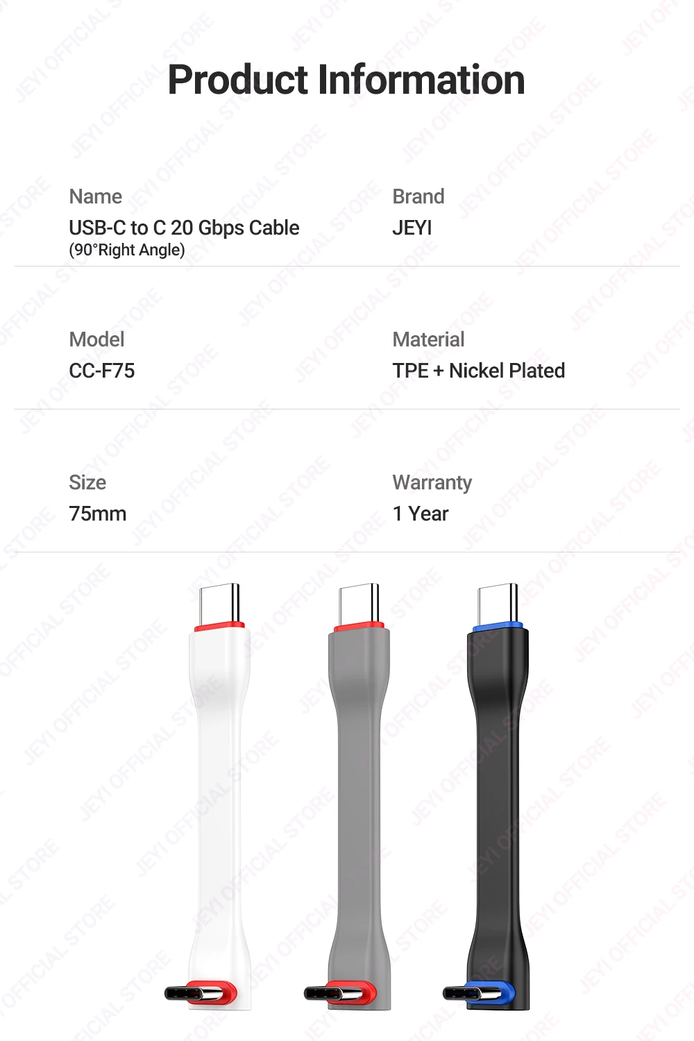JEYI 20Gbps 90 ° USB-Kabel C zu C PD 3A 60W 75MM Mobile Power USB-C Kabel zum Laden von Powerbanks, MacBooks, Laptops, Tablets, iPhone 15 Pro – Detail 9