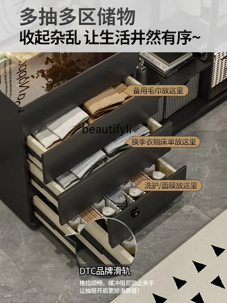 Rak mantel modern minimalis dari lantai hingga langit-langit, lemari, kamar tidur terpadu, cermin panjang, hitam, nakas