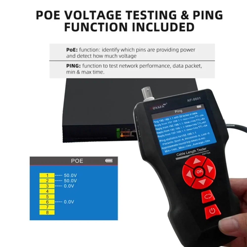 NOYAFA NF-8601W Network Cable Tester, PoE PING Wire Tracker with 8 Remote Adapters, Length Measurement & Data Storage for RJ45
