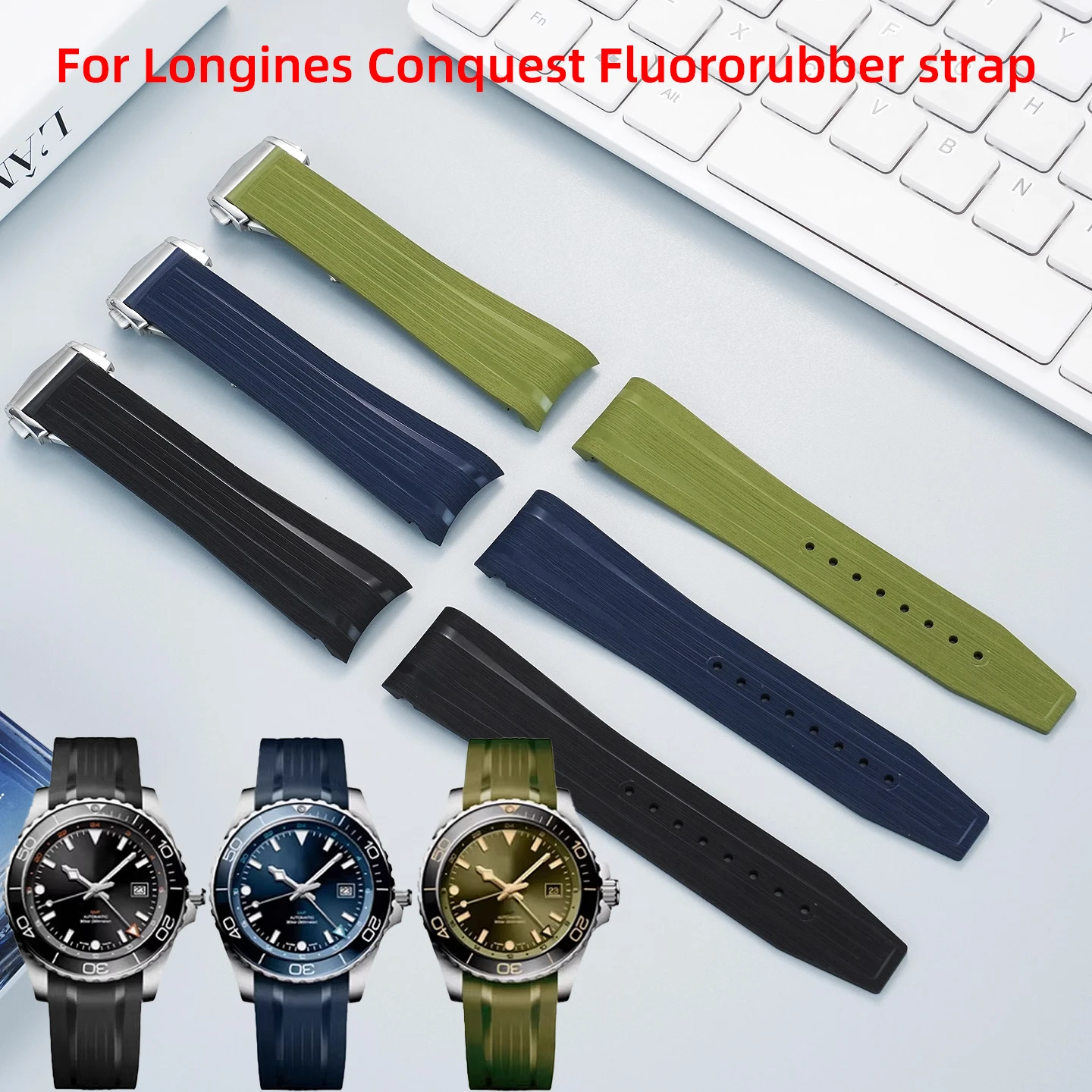 

High quality Fluorine rubber Strap For Longines Watch Conquest GMT L3.890.4 L3.790.4 L3.830.4 curved end FKM Watchband bracelet