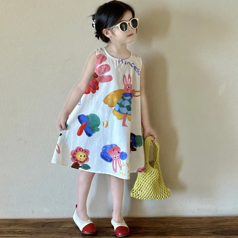 

Girls Fashionable Dress2024New Children Sleeveless Wide Hem Long Dress Girls' Summer Dress