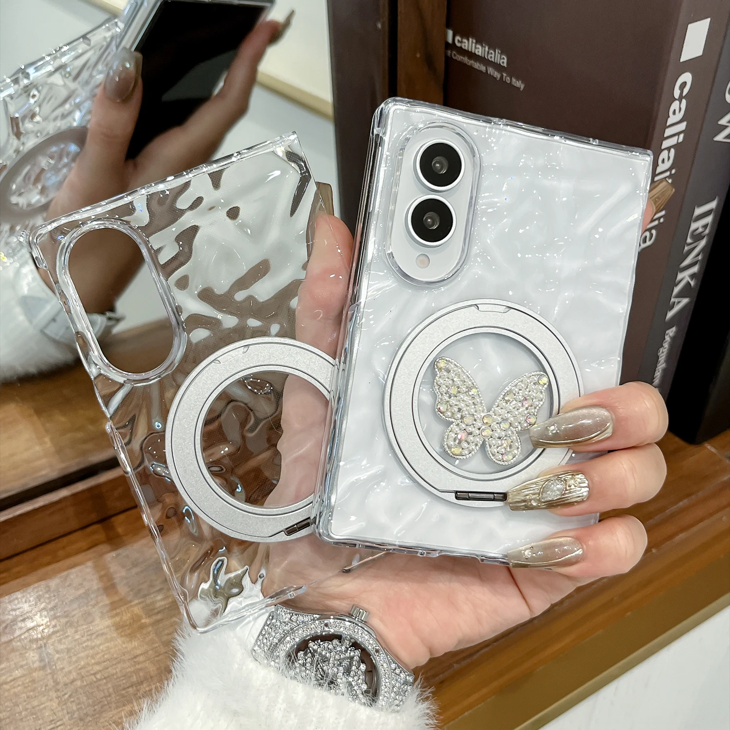 Luxury Clear Water Ripple Glitter Butterfly Stand Phone Case For Samsung Galaxy Z Fold8 Ultra Fold7 Fold6 Protective Cover