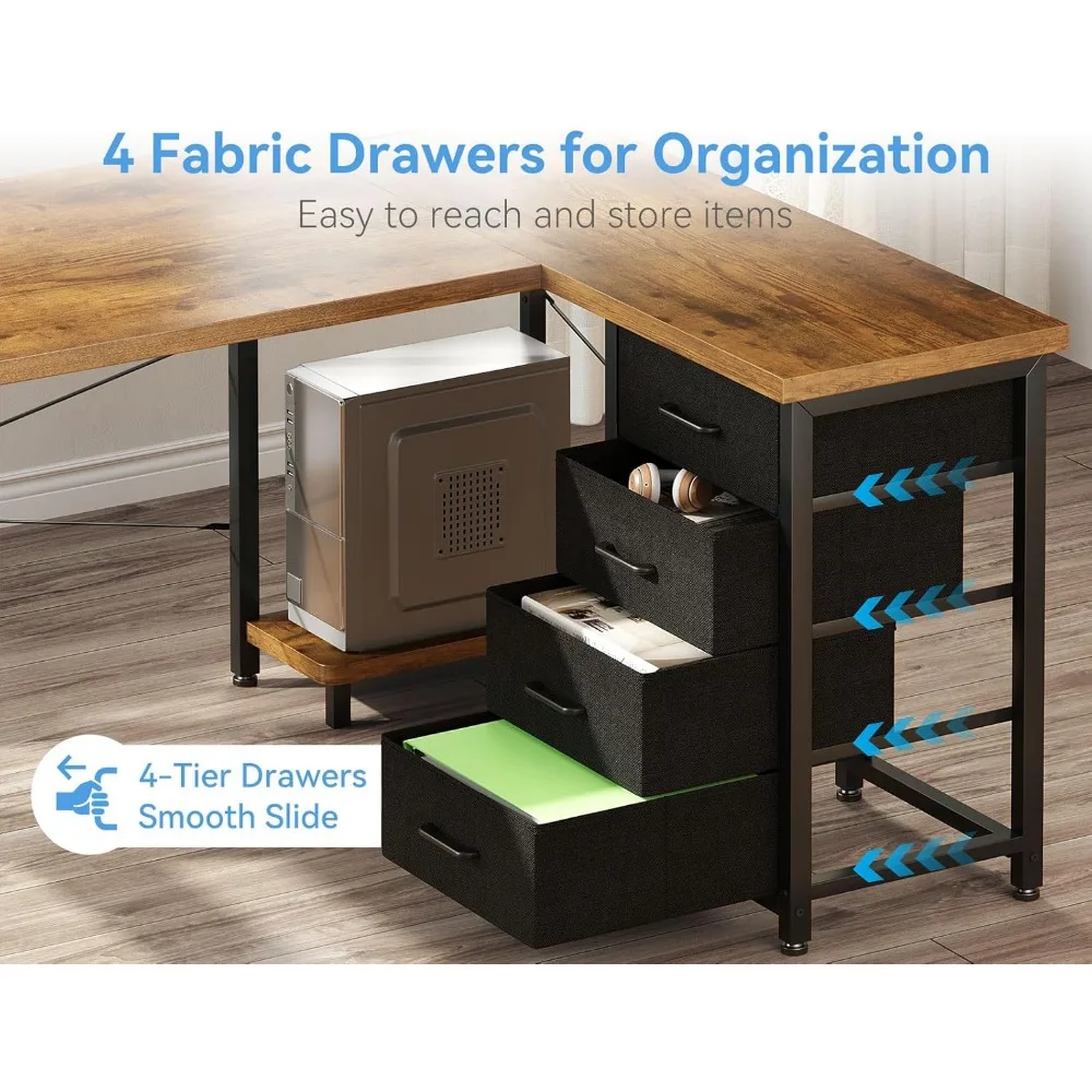 61'' L Shaped Desk with 4 Drawers, Reversible Corner Desk with Storage, Gaming Table with Power Outlets, USB Ports, Computer