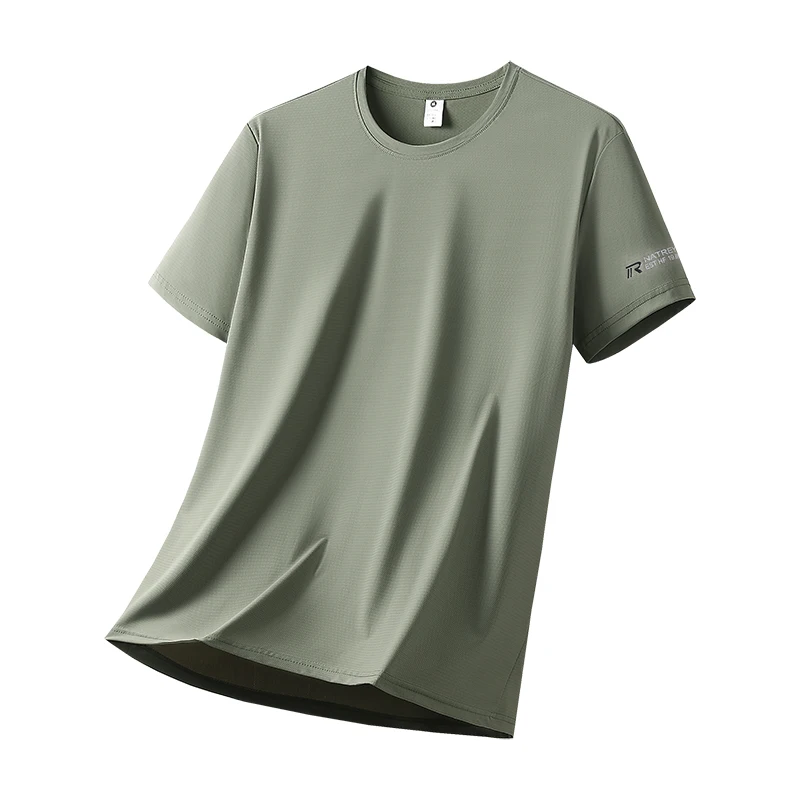 Men Summer Versatile Ice Silk Short Sleeved T-shirt for Outdoor Sports Moisture Absorbing Quick Drying Casual Breathable T-shirt