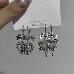 2024 New Fashion Silver Color Heart Bow Pendant Earrings set for Women Simple White Opal Heart Shaped Earrings Y2K Jewelry Gifts