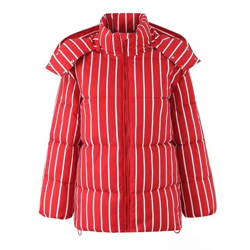 Women's Jacket 2025 Autumn New Style Solid Color Striped Long-Sleeve Hooded Puff Coat Dress Outerwear Casual Fashion Personalize