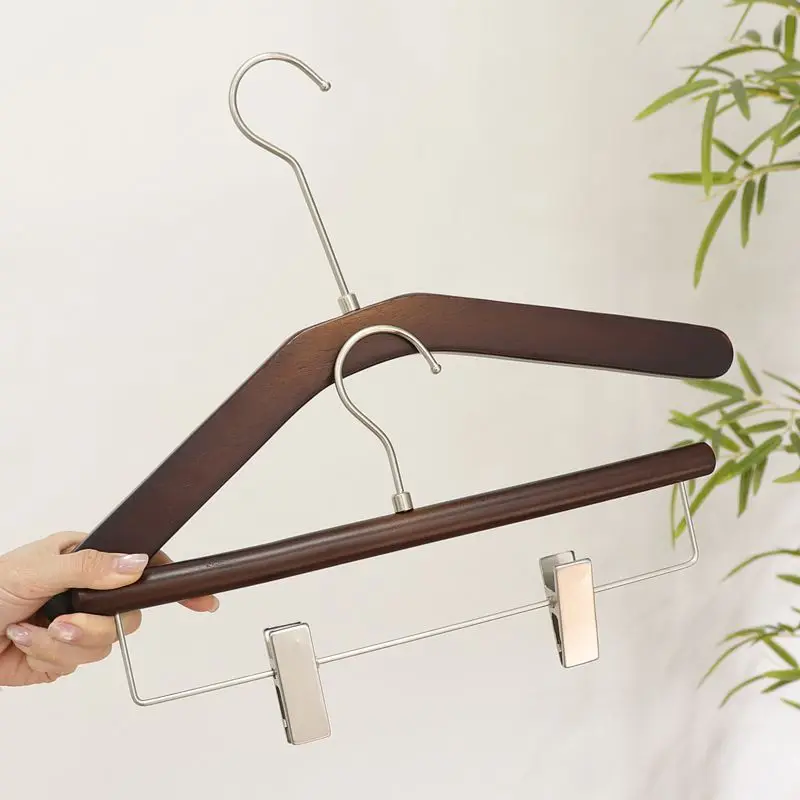 2Pcs Dark Brown Wooden Hangers with Metal Clips Non Slip Heavy Duty Wood Coat Hangers for Suits Pants Shirts Jackets Closet