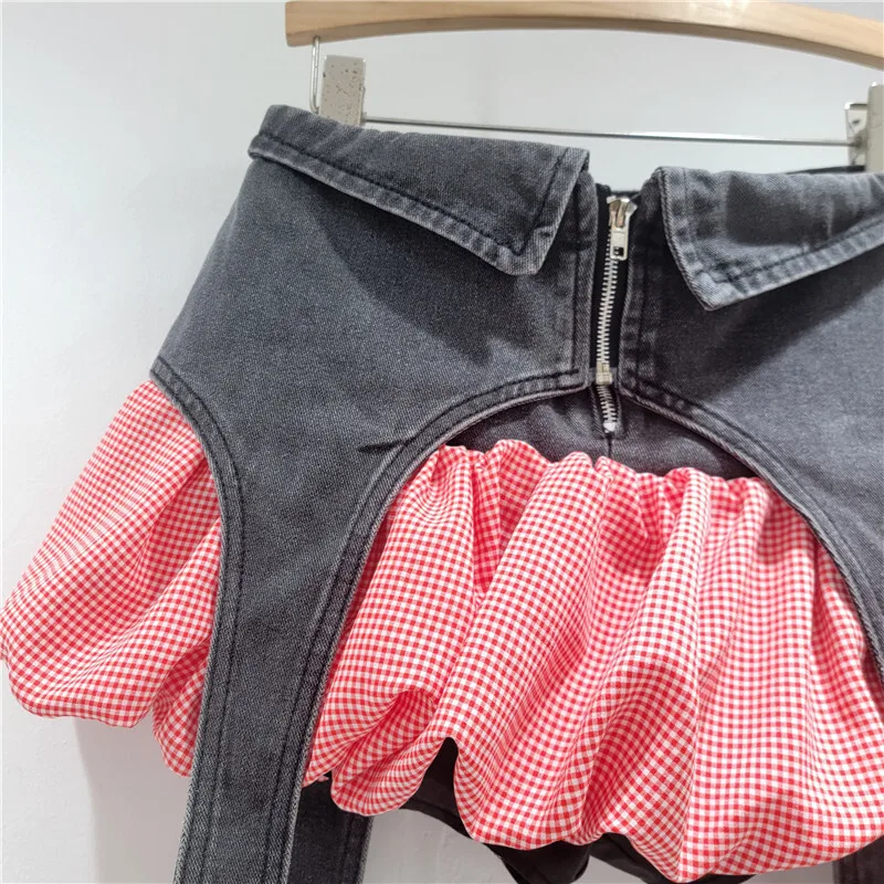 HKSH Letnia Nowa Damska Moda Y2K High Street Oryginalny Design Gorąca Denimowa Łatka Krata Modna Spódnica A-line Bufiasta HK6260