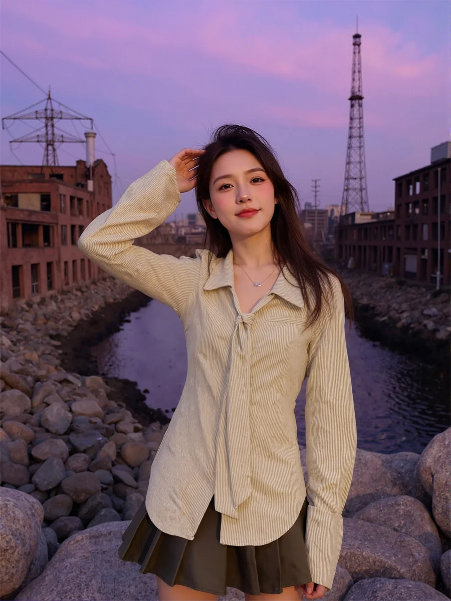 

Striped Shirts Women Artisanal Knitted Buttoned Tops with Graceful Long Sleeves and Tailored Silhouette for Timeless Daily