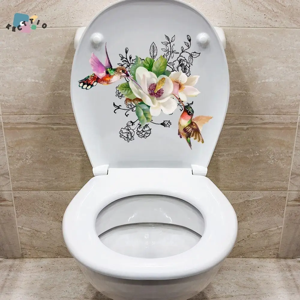 Home Decor PVC Toilet Sticker Self-adhesive Flower Bird Toilet Lid Decal Colorful Creative Wallpaper Dormitory