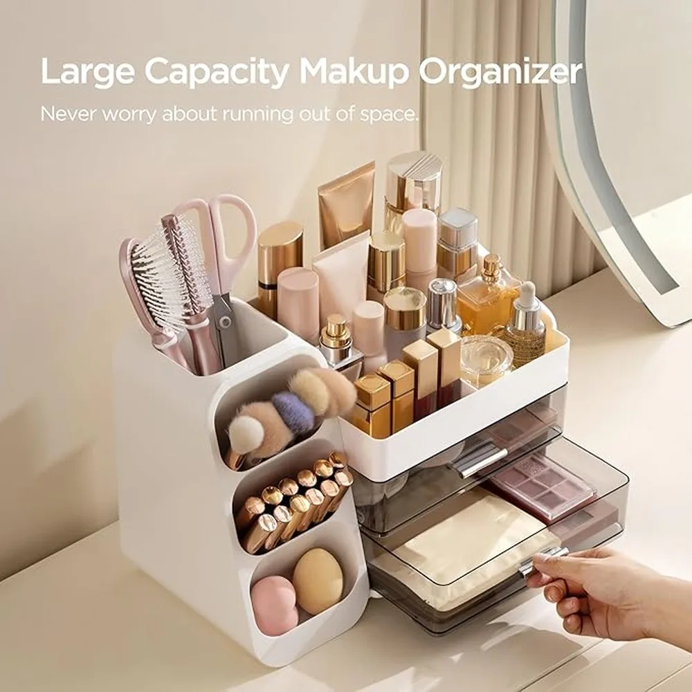 Vanity Organizer Cosmetic Storage Organizer Dustproof Makeup Case Large Capacity Desk