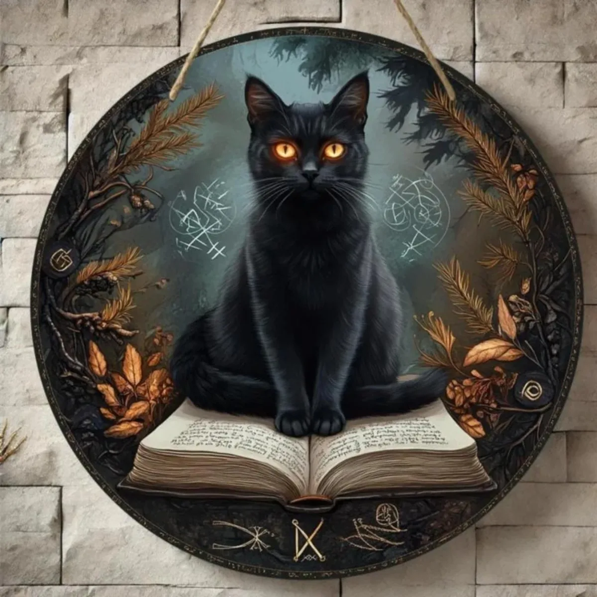 عنوان التجارة الإلكترونية: Universal Cat Round Wall Art - طباعة ثنائية الأبعاد لموضوع القطة السوداء، لا حاجة إلى طاقة، هدية العيد للمنزل