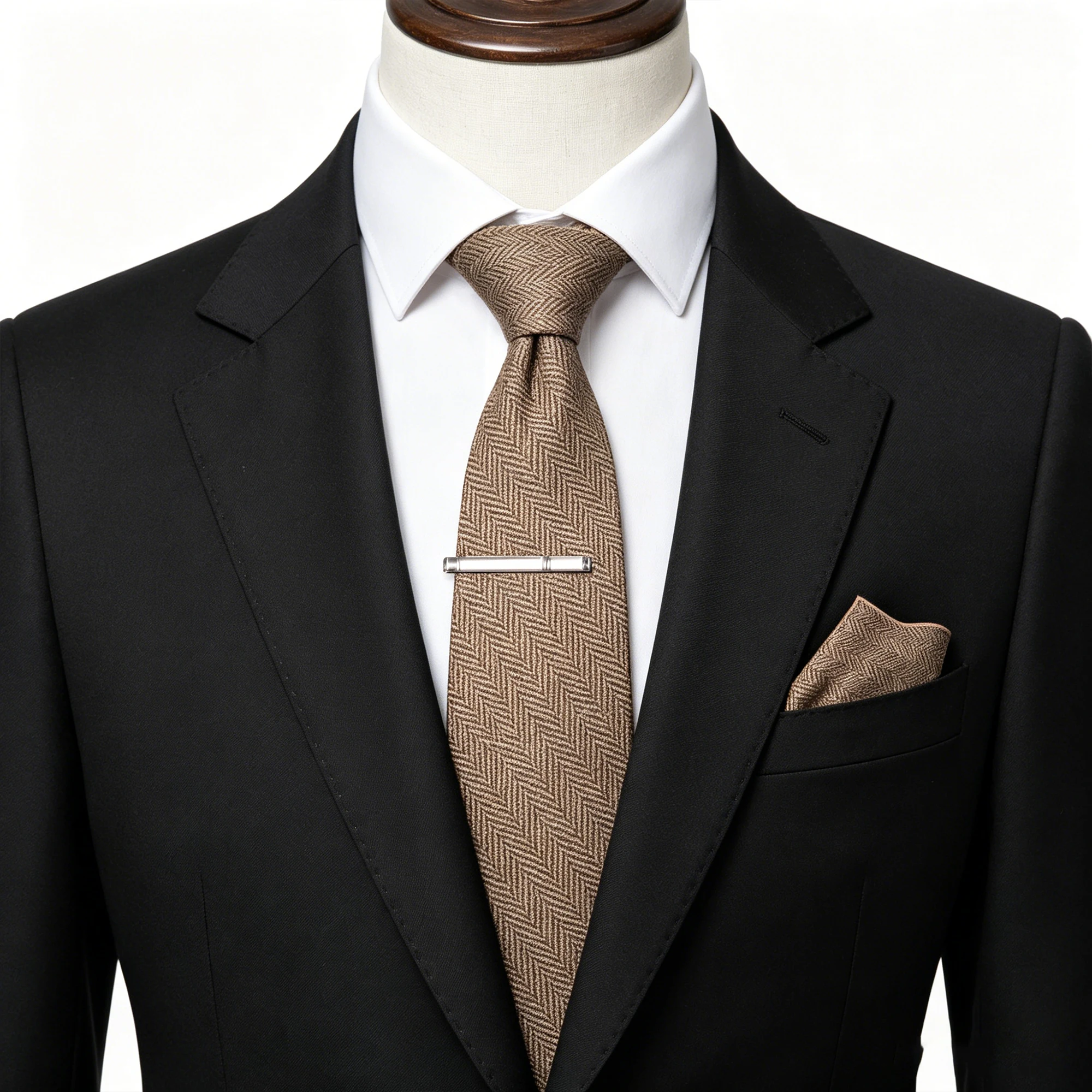 Klassische Wollkrawatte für Herren, braun-grau, gestreift, kariert, einfarbig, Kaschmir-Krawatte, Einstecktuch-Set, Hochzeitsaccessoire, Geschenk – Detail 17