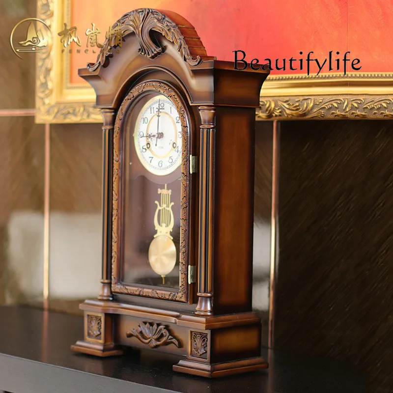 New Chinese Style High-Grade Solid Wood Carving Vintage Time Reporting Desktop Copper Movement Wall Clock Desktop Pendulum Clock