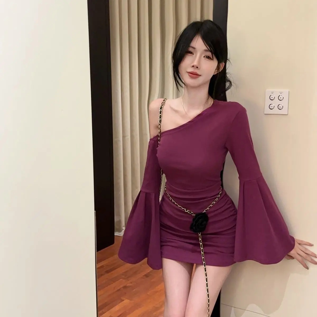 

Платье-юбка с плиссировкой Slim Fit для женщин, французский стиль, с длинными рукавами-колокол, с бантом на плече