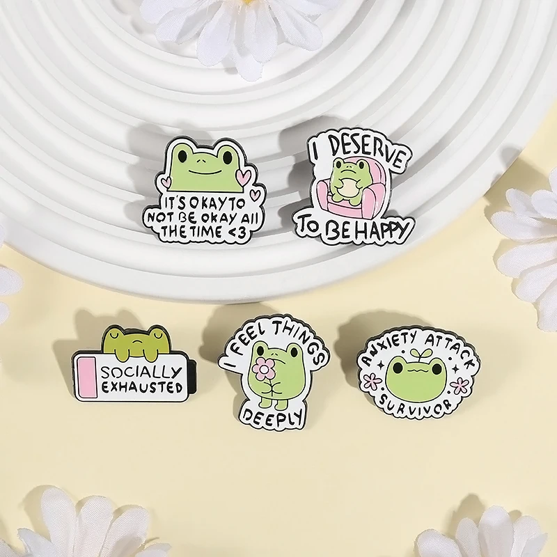 أستحق أن أكون سعيدا المينا دبوس الصحة العقلية حسنًا أن أكون على ما يرام طوال الوقت لطيف الضفدع دبابيس شارة التلبيب مجوهرات هدية #4