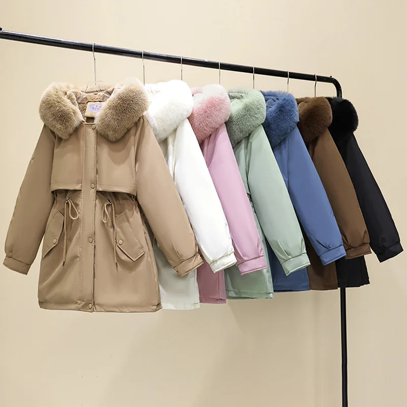 

Новое паркерное пальто 2024, женская куртка средней длины из плотного хлопка с большим меховым воротником