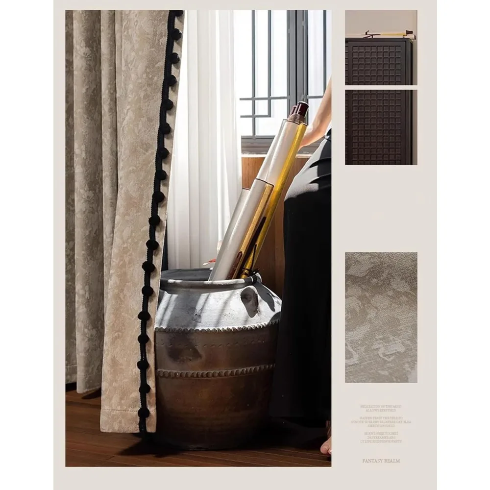 Set tende oscuranti - 2 pezzi, 118 l x 106 ore, velluto jacquard beige kaki chiaro con palline nere, tende per finestre della camera da letto