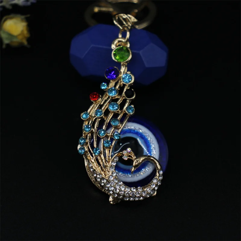 Religious Evil Eye Keychain Pendant Car Key & Keyring Deep Blue Peacock Animal Women Bag Accessories