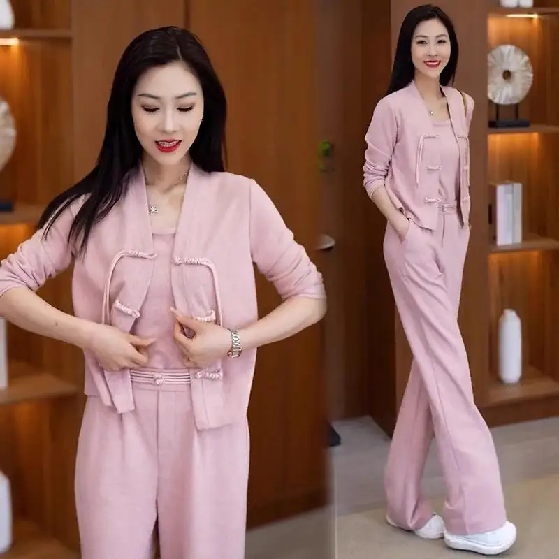 Thin Casual Sports suit Women's Spring New Elegant Luxury National Style Buckle Cardigan Top Wide Leg Pants Three-piece Set Y2K