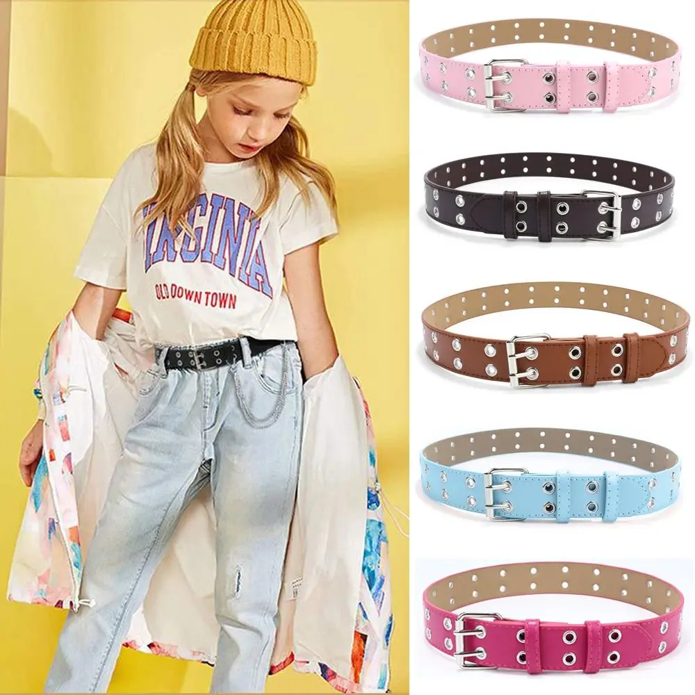 Casual Punk Waistband PU Leather Double Holes Waist Belts Metal Pin Buckle Solid Color Waist Strap Children