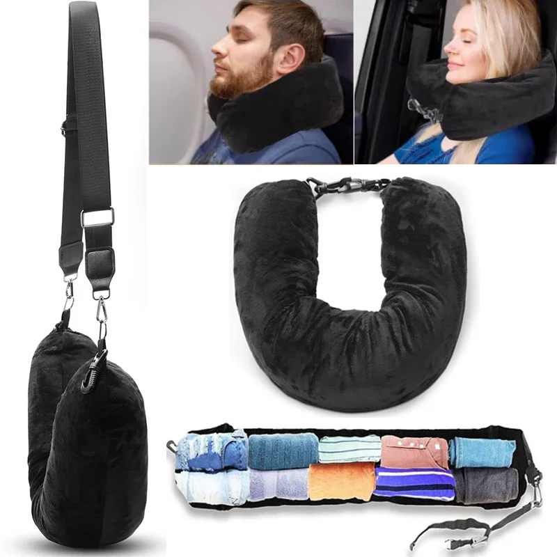 Stuffable Neck Pillow Portable U-shaped Neck Support Suitcase Space Saving Stuffable Clothes Car Plane Pillow Sleeping Stand